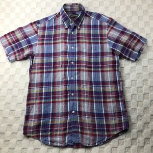 Orvis Shirt Mens Medium Blue Colorful Plaid 100% Linen Button Down Beach Casual